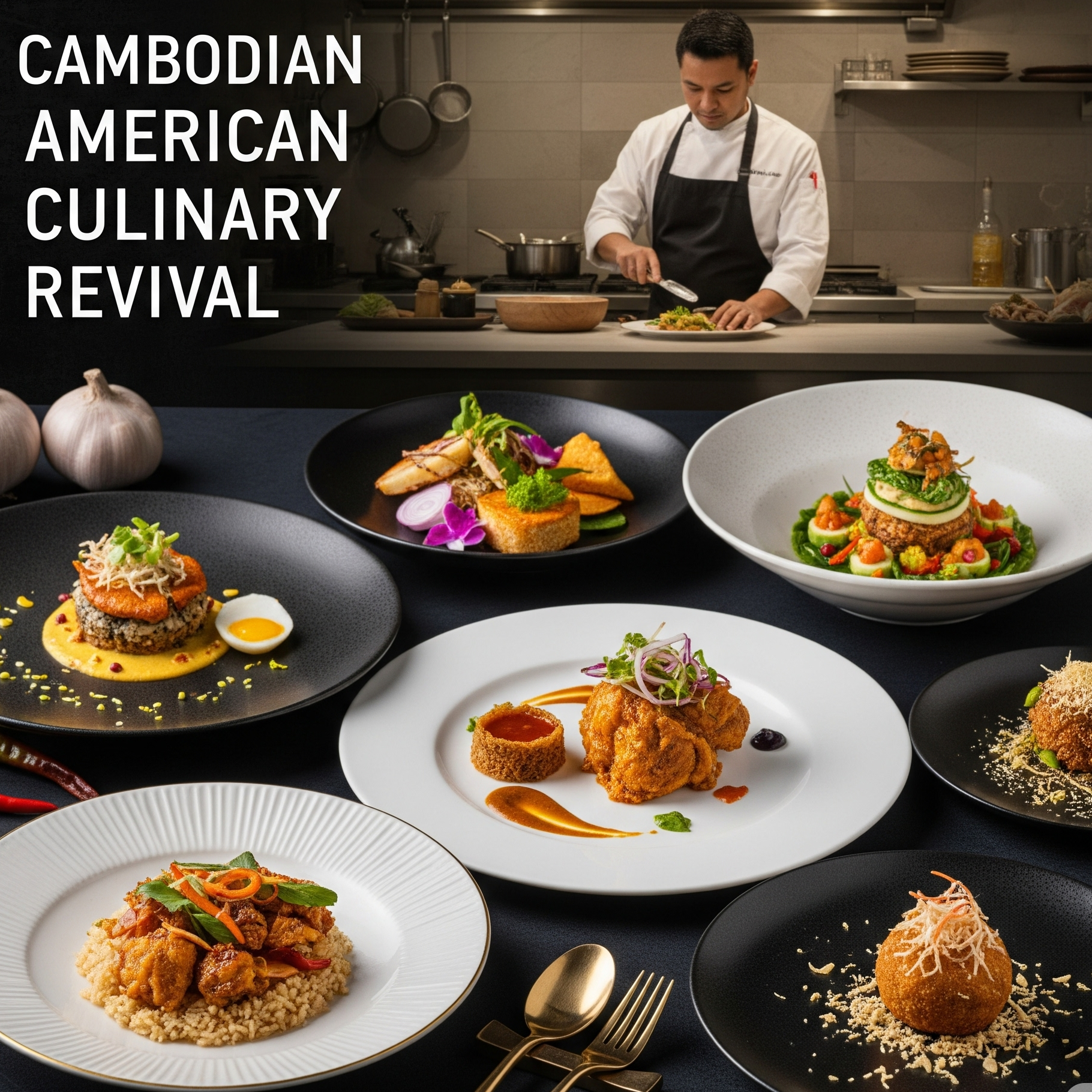 A professional chef plating various beautifully arranged Cambodian-American fusion dishes in a modern kitchen setting, featuring intricate culinary presentations.