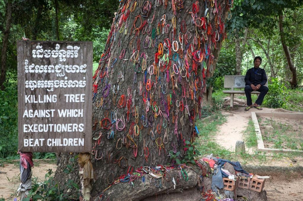 A tree adorned with colorful ribbons and a sign reading 'Killing Tree Against Which Executioners Beat Children,' with a person sitting nearby in a reflective posture.