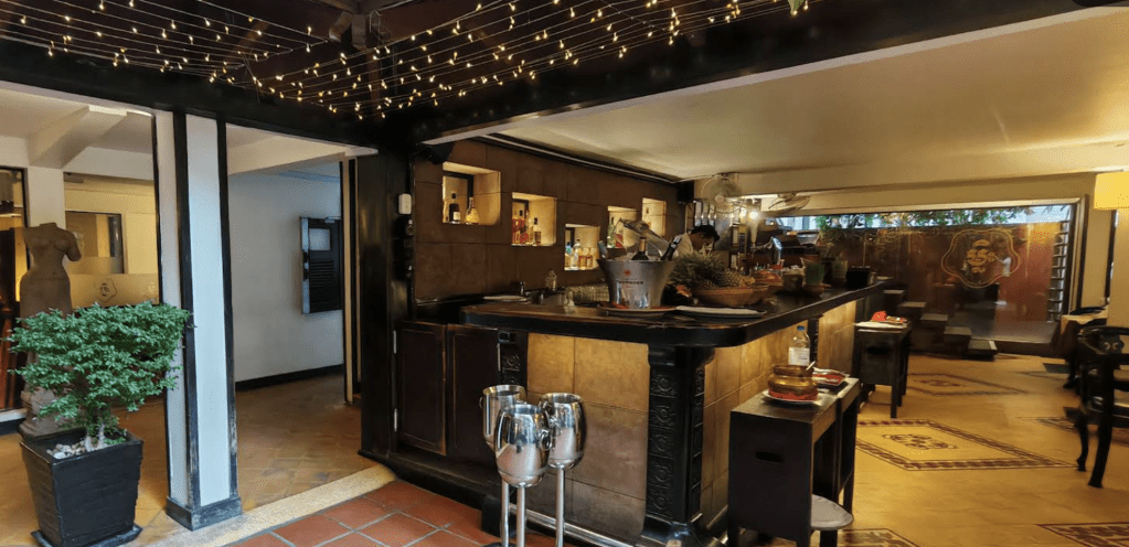 Interior view of a stylish bar with a wooden counter, decorative lighting, and plants, showcasing a cozy ambiance.