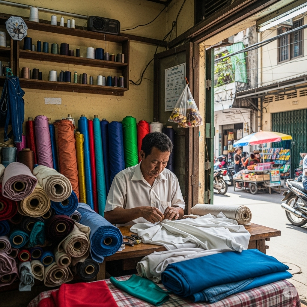 Cambodian tailor working on a garment in a colorful fabric shop with rolls of cloth in the background.