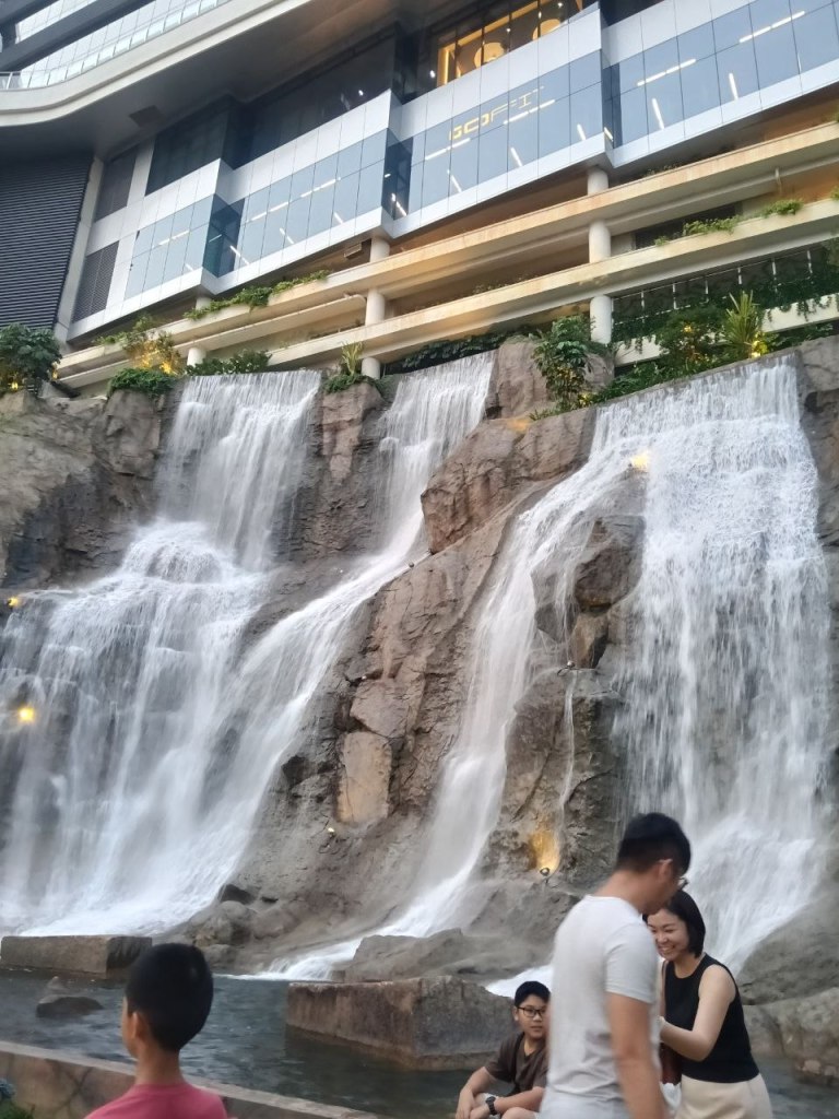 Close up of the massive waterfall at Sunway Square Mall