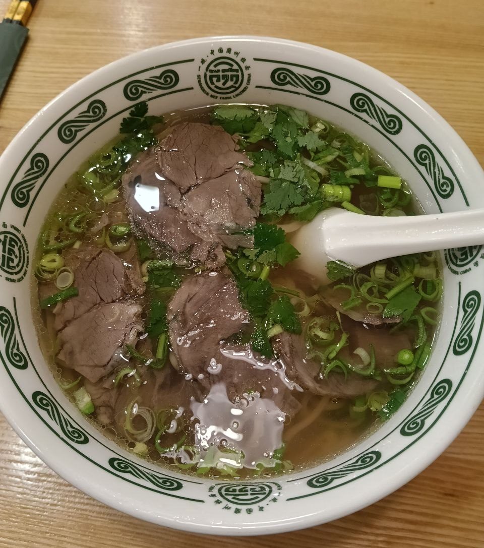 Big bowl of Chinese beef noodle soup with coriander and spring onions