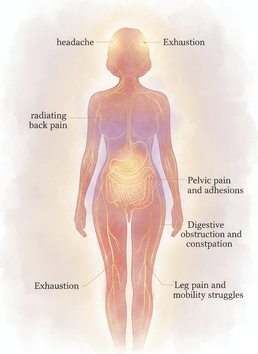 A medical illustration of a woman's body showing all endometriosis symptoms including pelvic pain, back pain, bloating, digestive issues, leg pain and exhaustion