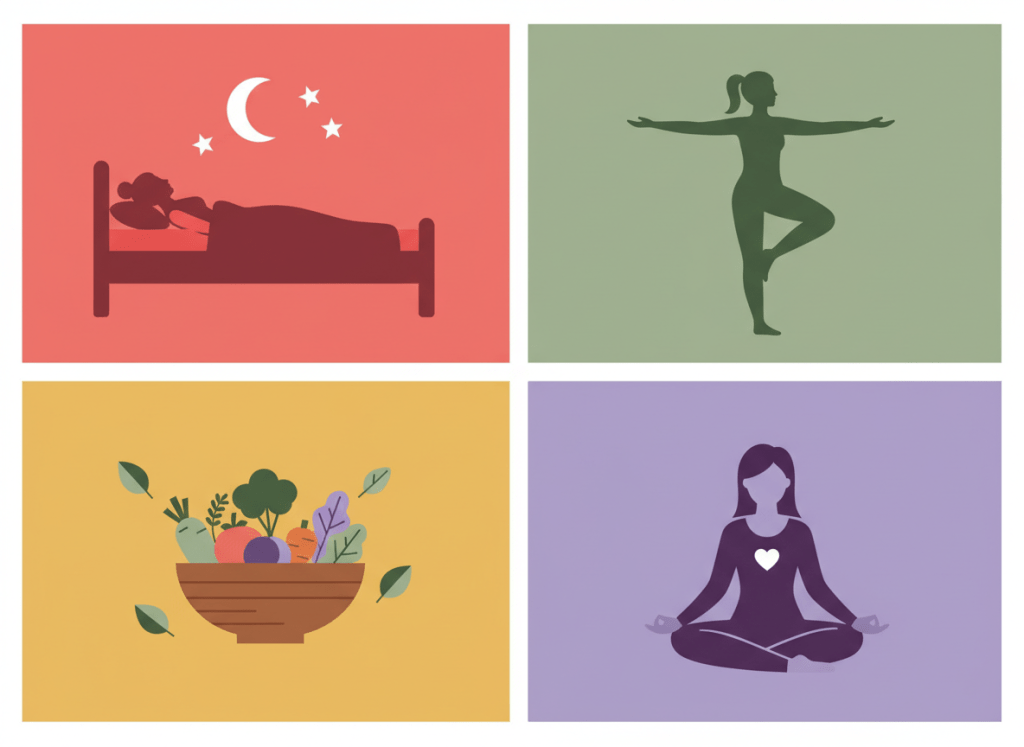 Four panels showing self-care for endometriosis: rest, gentle movement, mindful nutrition, and emotional resilience