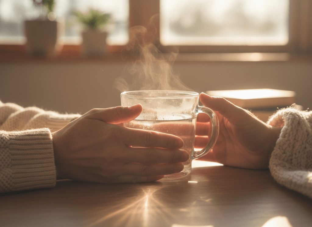 Hands holding a warm glass of water in the morning, a daily habit for soothing digestion and reducing pelvic pain