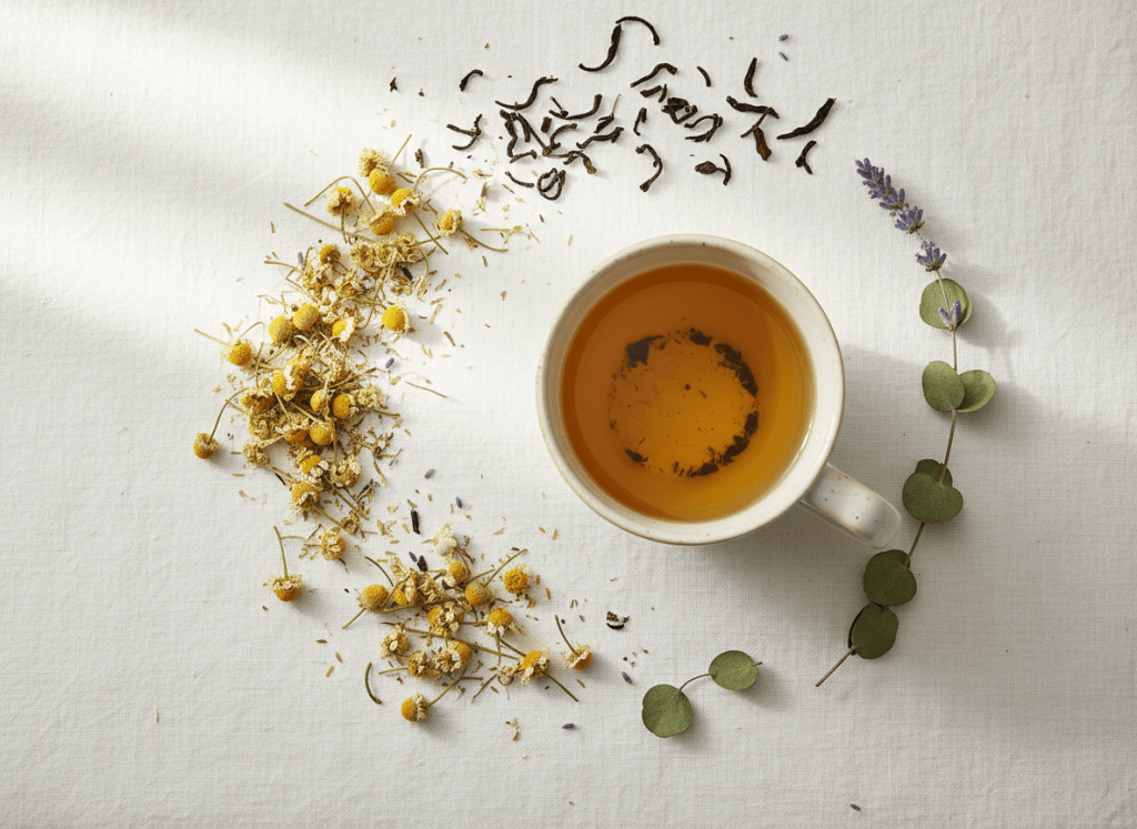 A ceramic cup of herbal chamomile tea surrounded by dried flowers, replacing coffee as part of an endometriosis friendly routine