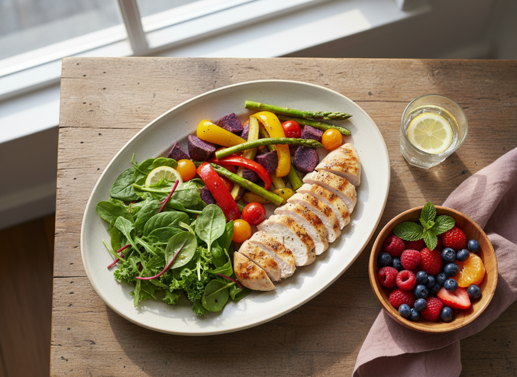 A nourishing plate of fresh vegetables, leafy greens and lean protein, part of an anti inflammatory diet for endometriosis