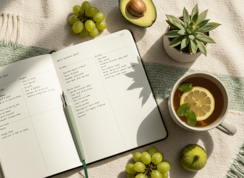 An open journal with handwritten food notes next to herbal tea and fresh fruit, used to track trigger foods for endometriosis 