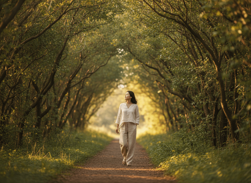  A young woman walking slowly on a quiet tree-lined path in the morning, practicing gentle movement as part of managing endometriosis