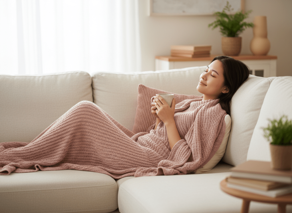 A young woman resting on a cozy couch with a warm blanket and cup of tea, listening to her body and choosing rest as part of her endometriosis treatment plan
