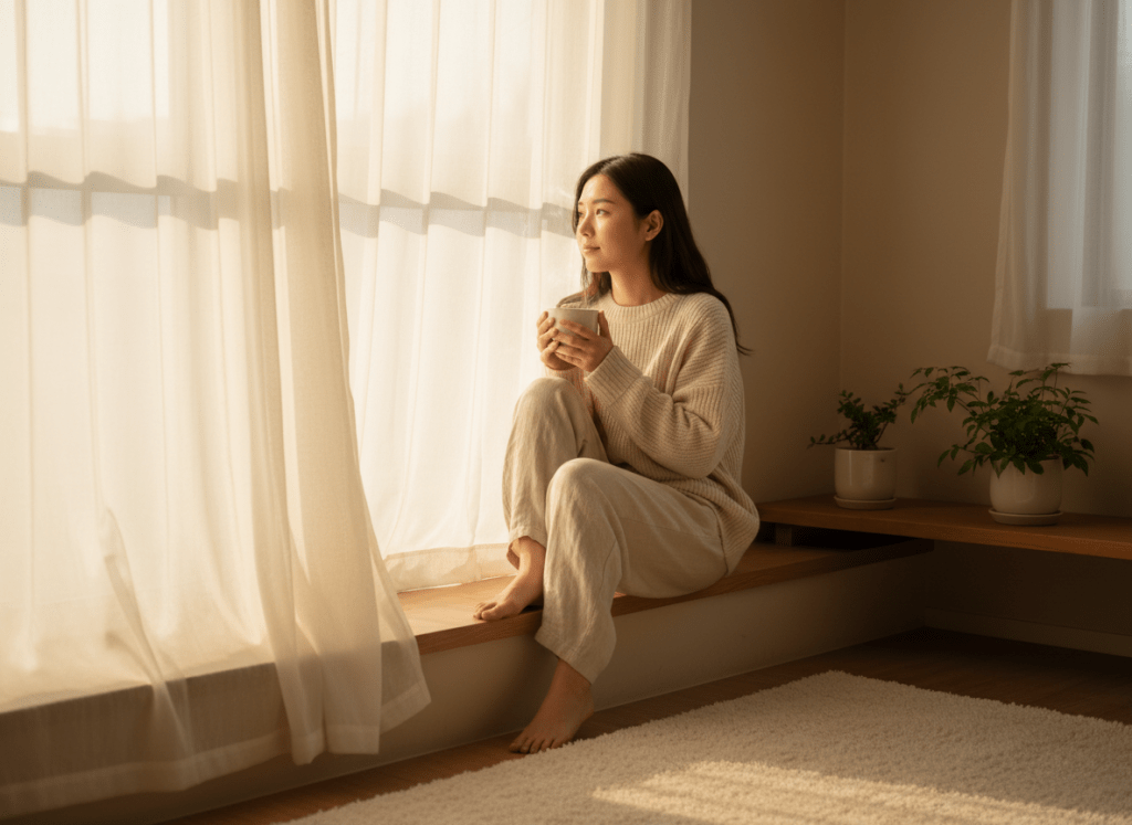 A young woman sitting quietly by a window with a cup of herbal tea, practising the slow down rule when pain levels are high