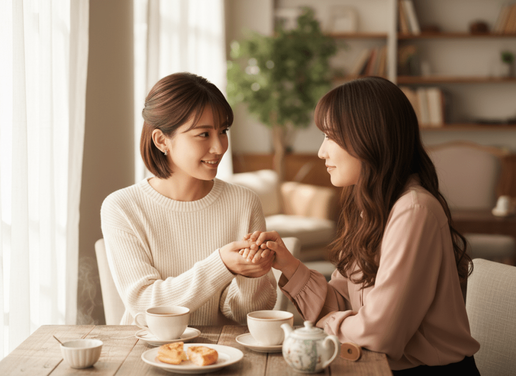 Two women sitting together at a cafe, one holding the other's hand in support, representing the importance of connection when living with chronic illness