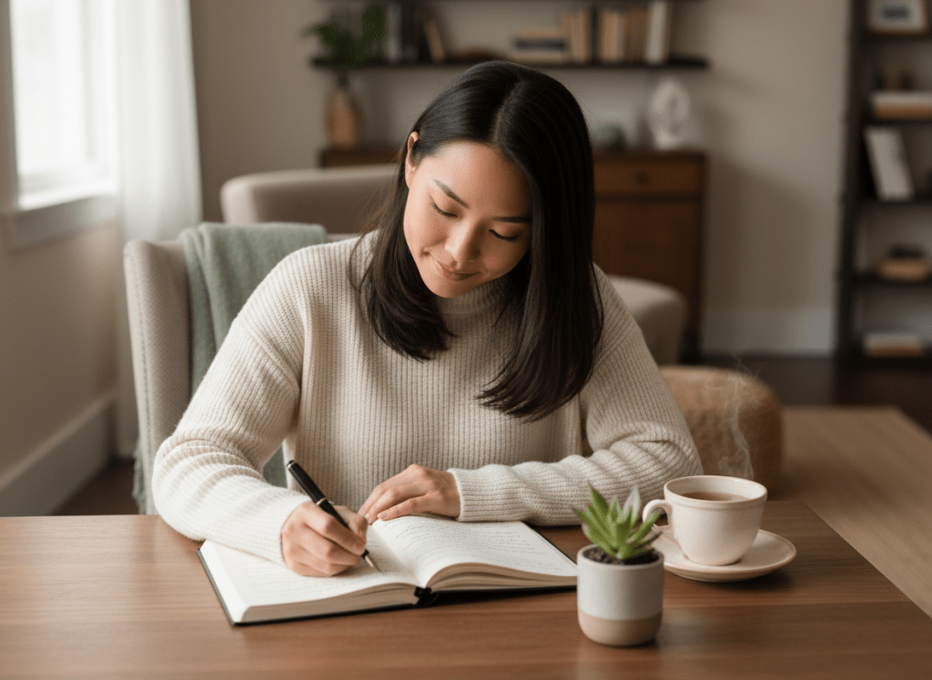 A young woman writing in a journal at her desk with herbal tea and a plant nearby, tracking her thoughts and progress while managing endometriosis